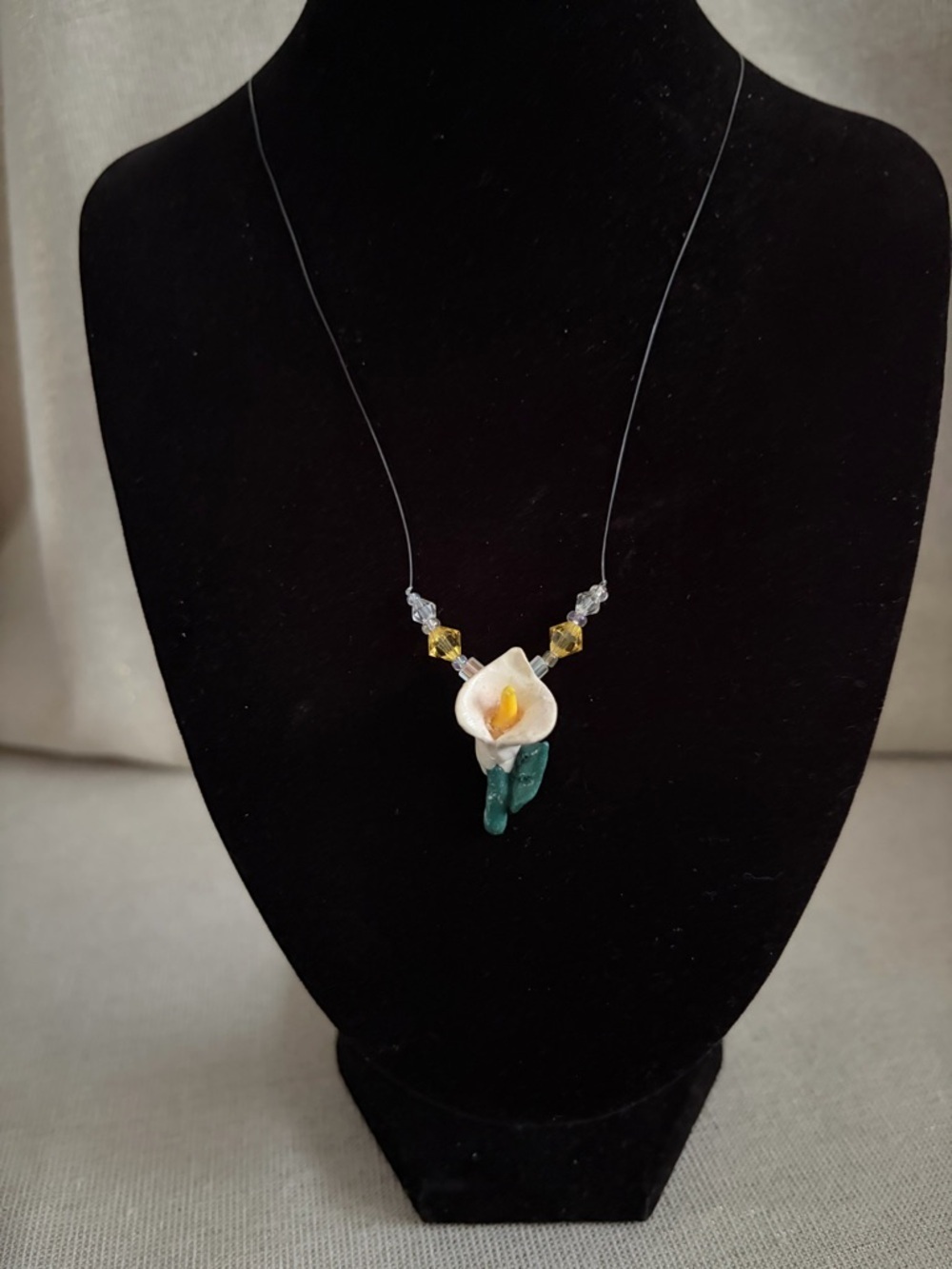Handcrafted White Calla Lily Pendant Necklace with Green Stem